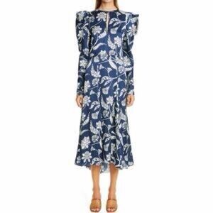 Johanna Ortiz Silk Blue and White Floral Long Sleeve Dress